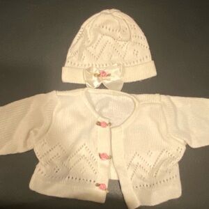 Vintage doll cardigan and hat set
